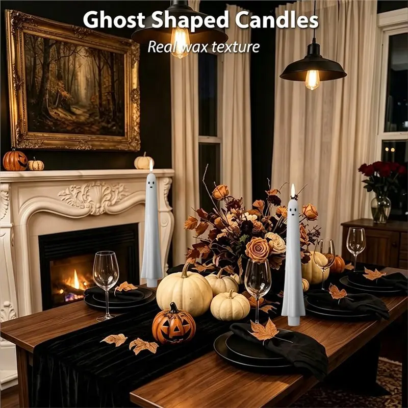 PHFU-Ghost Flameless Taper Candles 6PCS Led Candlesticks With Remote And Timer 3D Wick Halloween Fake Candles