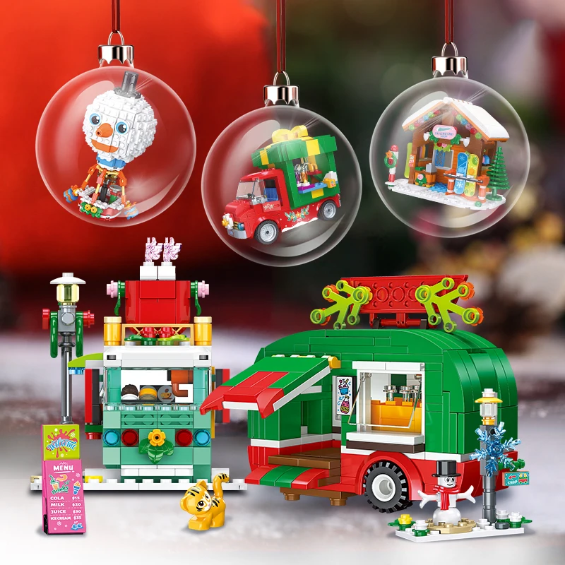 Christmas City Street View Building Blocks Cream Cart Snowman Skateboard Shop Gift Car Model Bricks Decoration Christmas Gifts