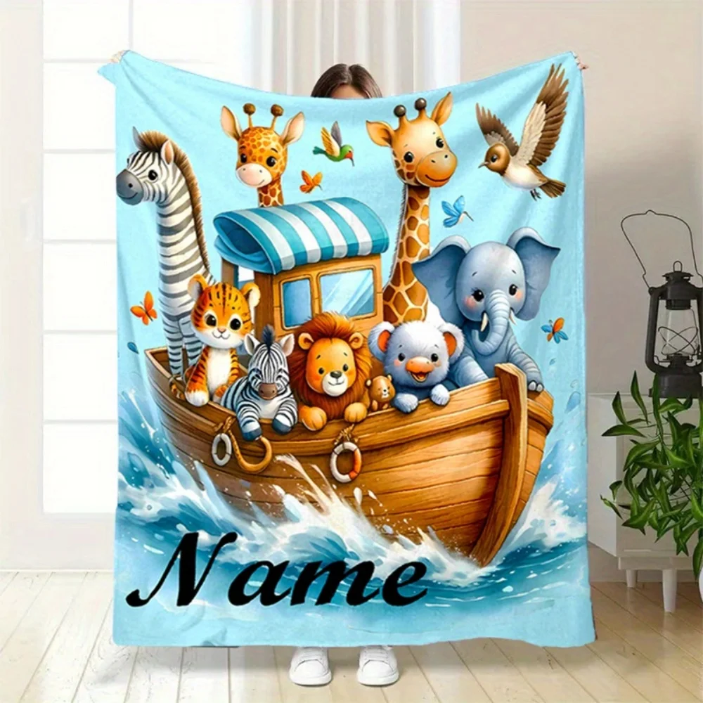 1Pc Custom Name/Text Cute Animal Nautical Pattern Flannel Blanket, Soft and Comfortable,Suitable for Office, Home, Holiday Gift