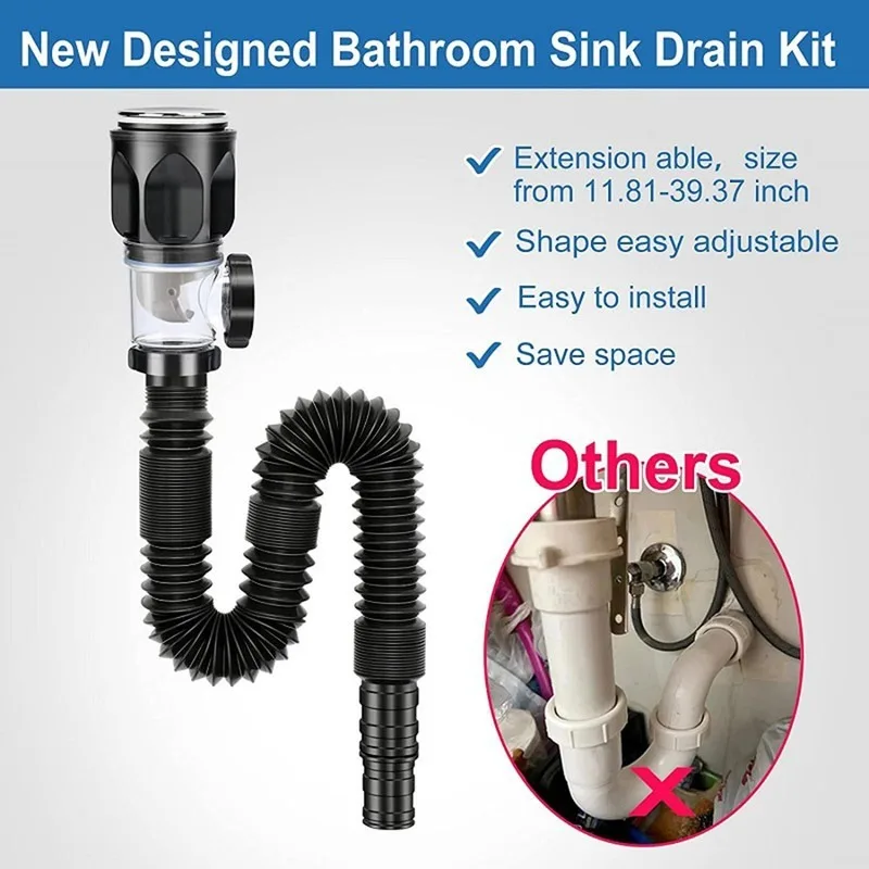 Tuyau de vidange pour évier, interface 32 mm/1,25 po, diamètre du tuyau : 40-50 mm, avec joint en silicone pour un débit d'eau fluide, trou de trop-plein intégré et robinet d'arrêt pour assurer un drainage étanche dans les cuisines, les salles de bain et les lavoirs.