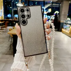 Pearl Case For Samsung Galaxy S24 FE S25 Ultra S20 S21 S22 S23 Plus A36 Crossbody Cord Lanyard Strap Clear Plating Glitter Cover