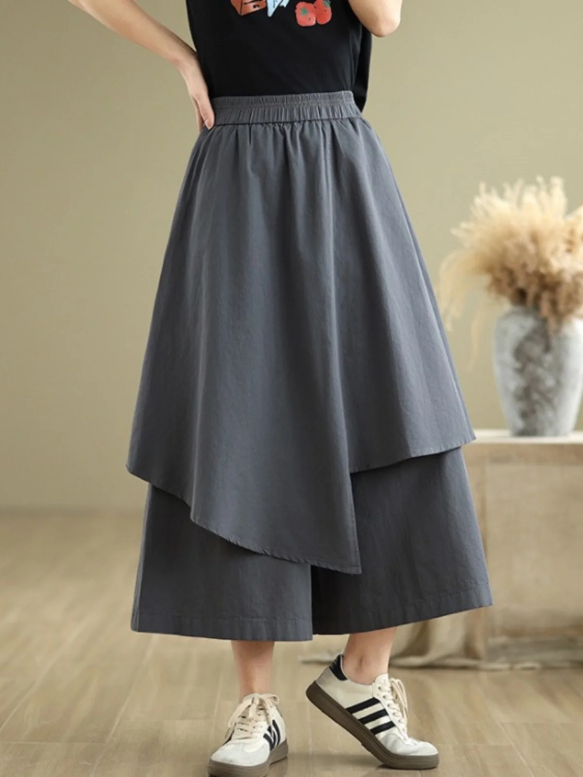 Jupe pantalon asymétrique taille haute pour femmes, ample, élastique, jambes larges, nouvelle collection été artistique Vintage, grande taille