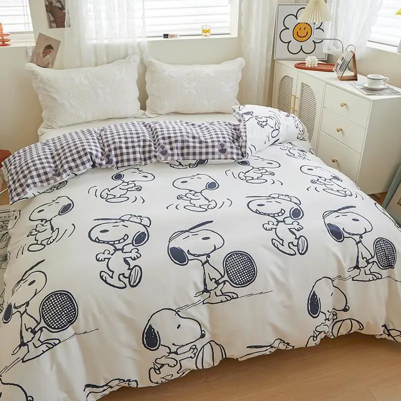 

Snoopy Cotton Bedding Four-Piece Set Washed Cotton Bedding Anime Cartoon Ins Bed Sheets Student Dormitory 3-Piece Bedding Set