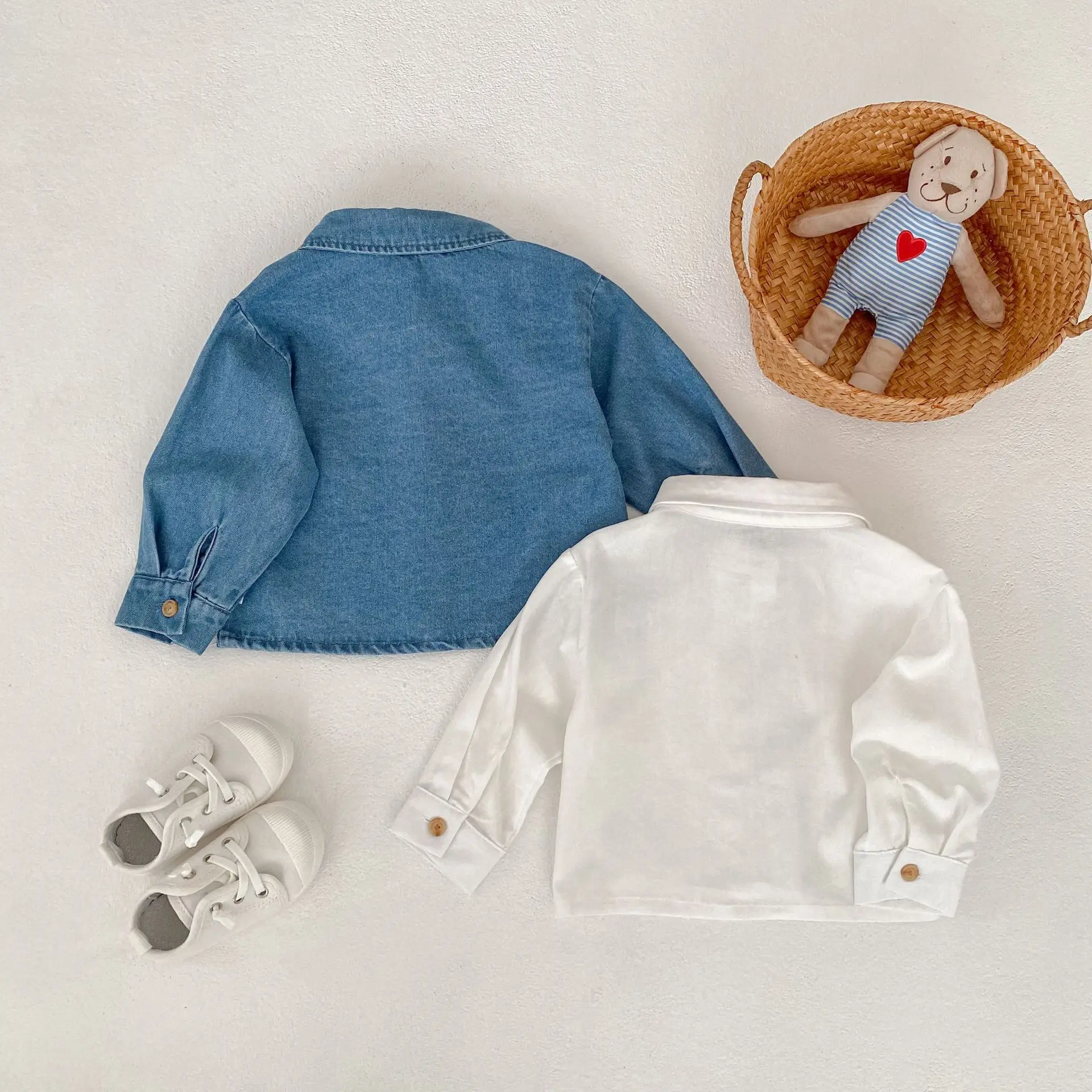 2026 Spring New Kids Shirts Long Sleeve Girls Denim Shirts Solid Color Baby Boys Shirts Casual Tops 0-4Years Toddler Clothes