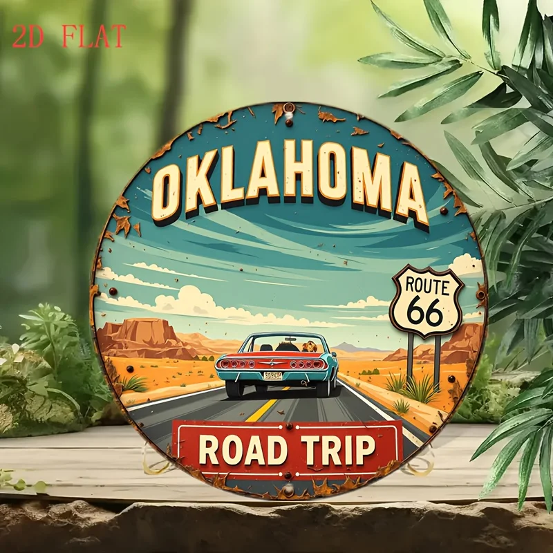 [مسطح 21D] قطعة واحدة من لافتة رحلة الطريق العتيقة Oklahoma 66 - لوحة فنية جدارية مستديرة من الألومنيوم مقاس 8 بوصات مع سيارة كلاسيكية ومناظر صحراوية D