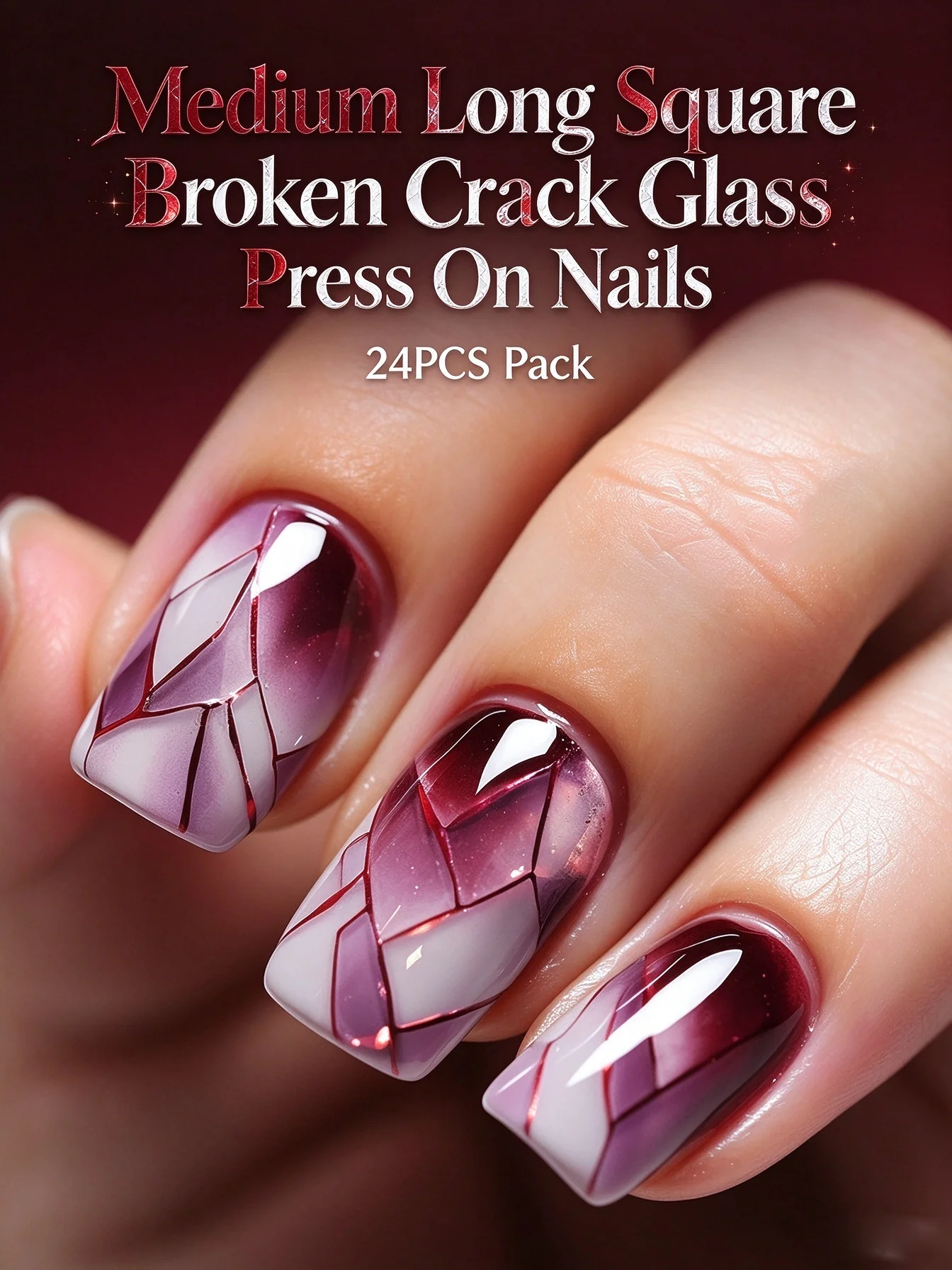 24Pcs Medium Long Square Press-On Nails in European Wine Red with Broken Crack Glass Effect False Nail Tips for Wearable Nail Ar