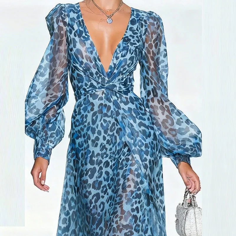 Greenora Bohemian Woman Dresses 2026 Spring Casual Leopard Print Twist Waist Long Dress Summer Sexy Deep V Neck Beach Vacation M