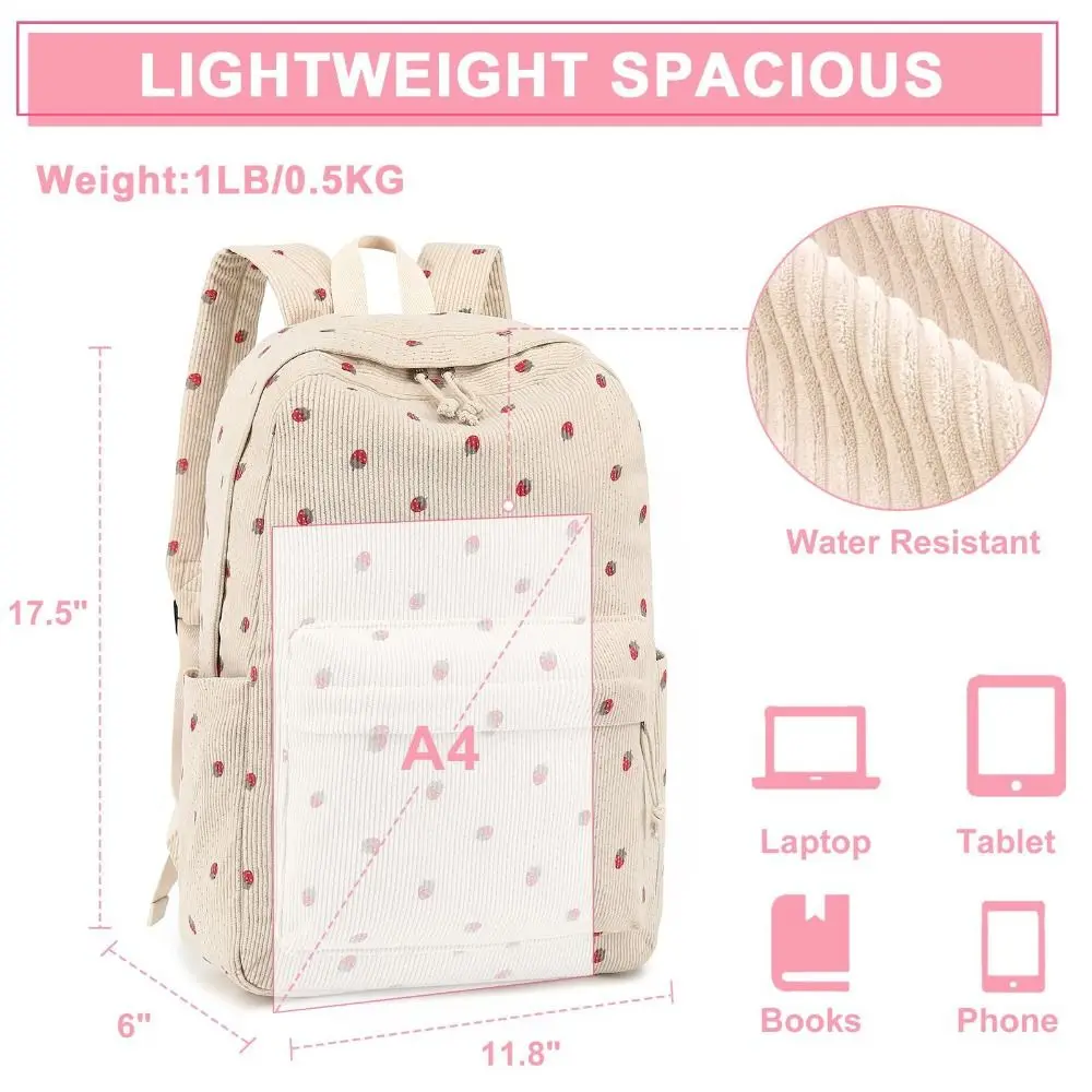 Cute Corduroy Girls Backpack Durable Lightweight Laptop Bag Bookbag for Kids Teens