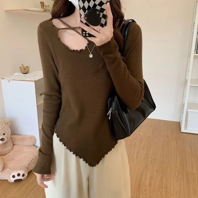 Matakawa Irregular Cross Solid Jersey Mujer Korean Fashion Autumn Winter Pull Femme Basic Long Sleeve Slim Women Sweaters