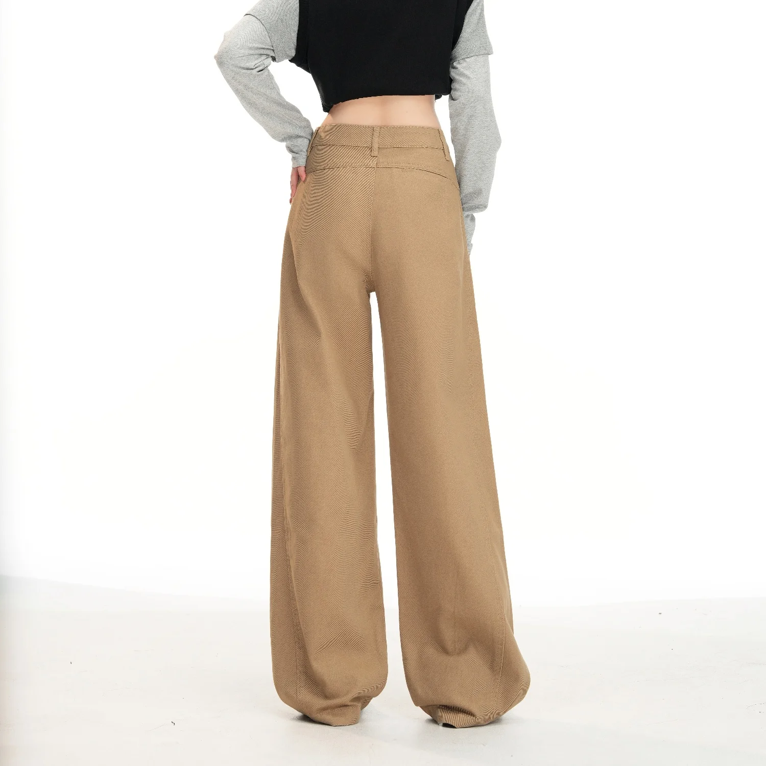 Khaki Women's Straight Leg Wide Leg Denim Pants Washed Vintage Casual Minimalist Straight-Leg Pants Autumn Loose Retro Trousers