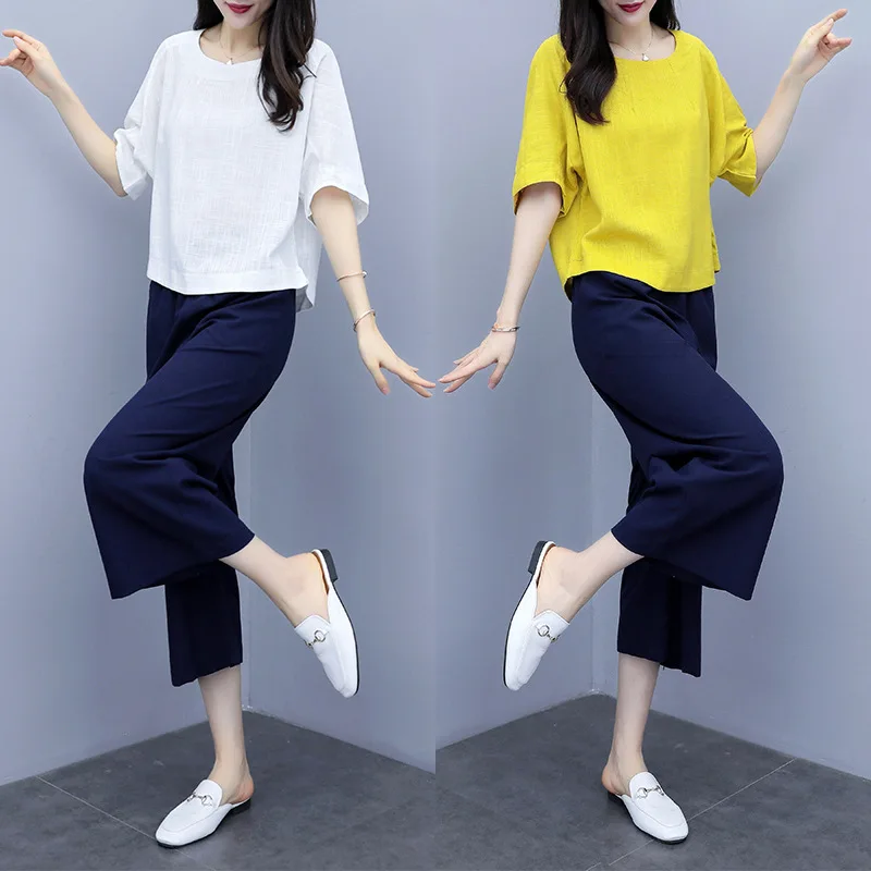 Ensemble 2 pièces en coton et lin pour femme, haut uni et pantalon large, tenue décontractée, nouvelle collection été 2024