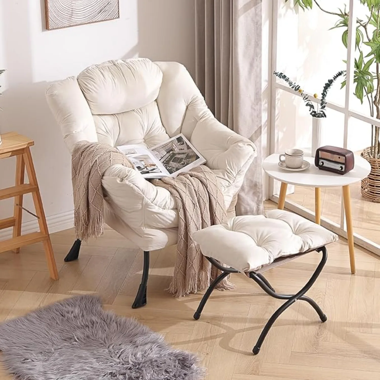 

Lazy Chair w/Ottoman, Modern Lounge Accent Armrests & a Side Pocket, Leisure Upholstered Sofa Set, Reading Footrest