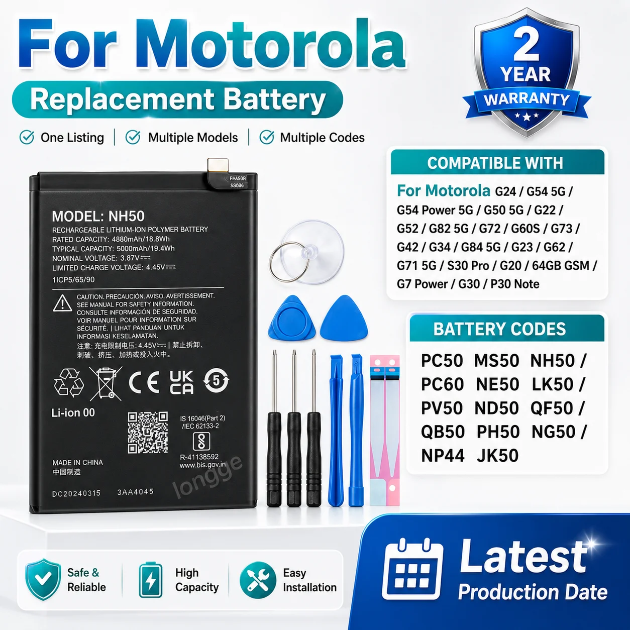 New High Capacity PC60 MS50 Battery for Motorola Moto G24 G54 G7 Power G50 G23 G22 G52 G60S G20 G42 G34 G84 G62 G71 G73 Cell