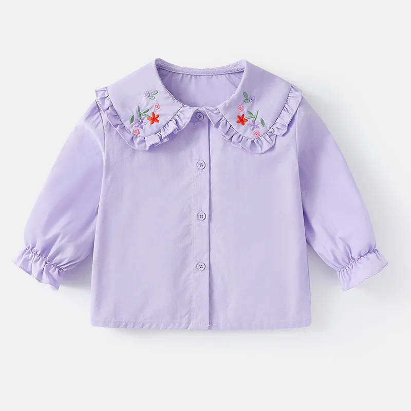 Children Girl Purple Shirts Autumn Floral Embroidery Peter Pan Collar Baby Girl Tops Cotton Solid Casual Kids Girl Long Sleeves