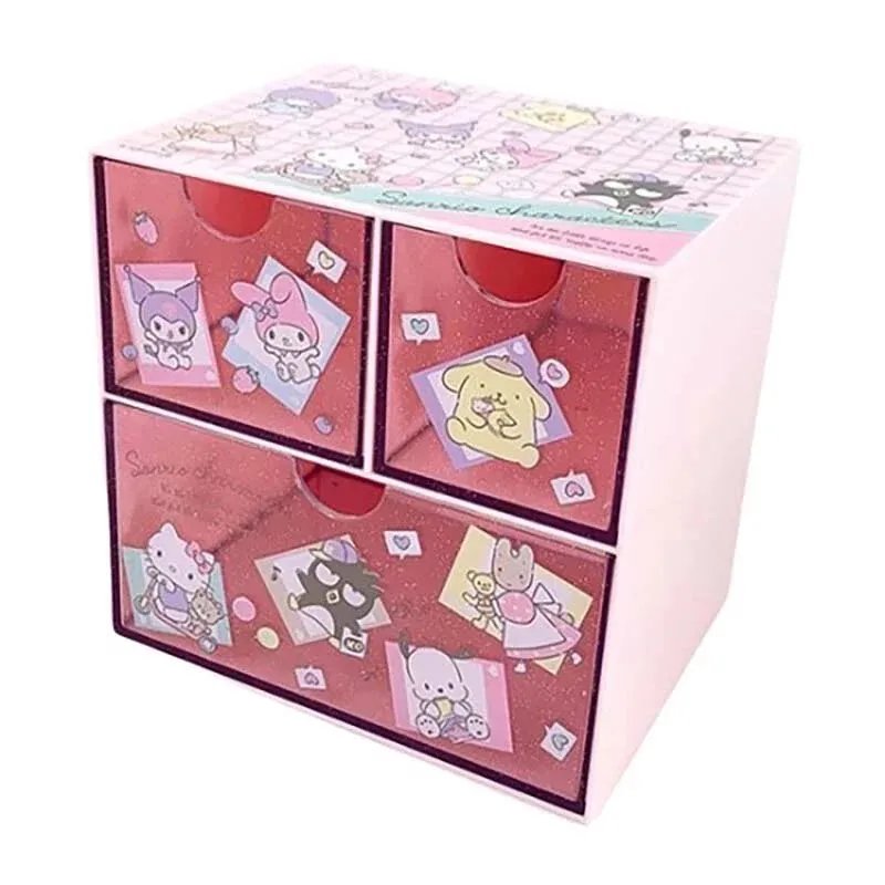 Sanrio Desktop Organizer with Three Drawers, Diversos Organização, Figuras de Anime, Brinquedos para Crianças, Presente, Kuromi, Mymelody, Kuromi