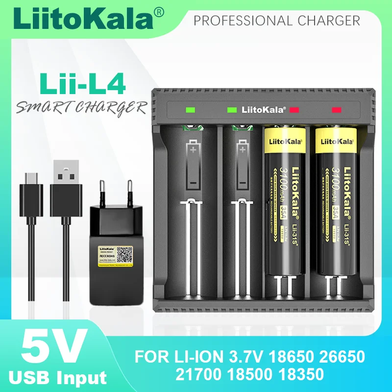 LiitoKala Lii-L4 3.7V 18650 Rechargeable Lithium Battery Charger For 18500 18650 26650 21700 Batteries US EU UK Plug