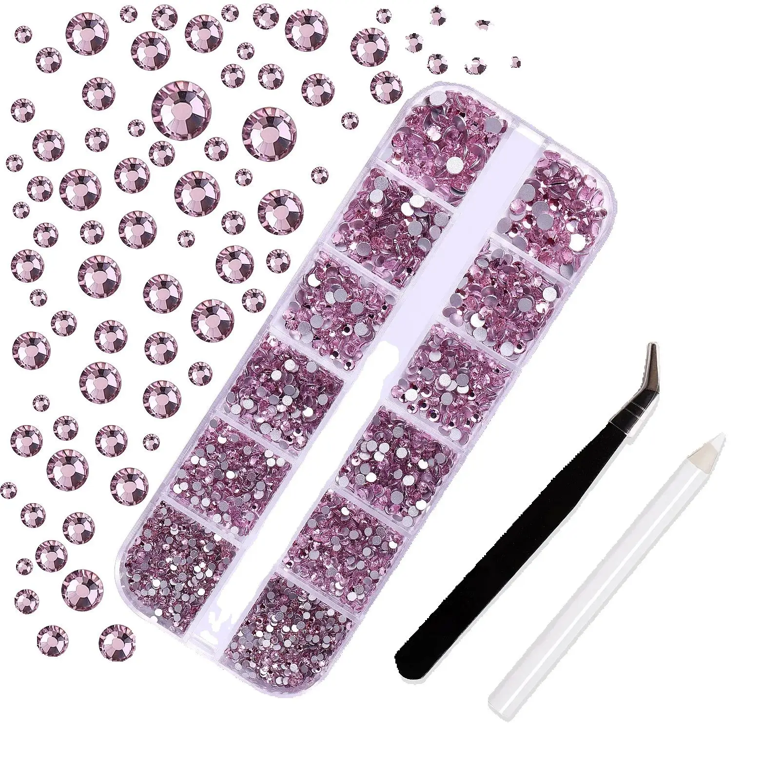 1500pcs Shiny Charms Crystal Gems Nail Round Flatback Rhinestones 1.5-4mm Mixed Set with Tweezer&Picker 12grids for Nail Art DIY