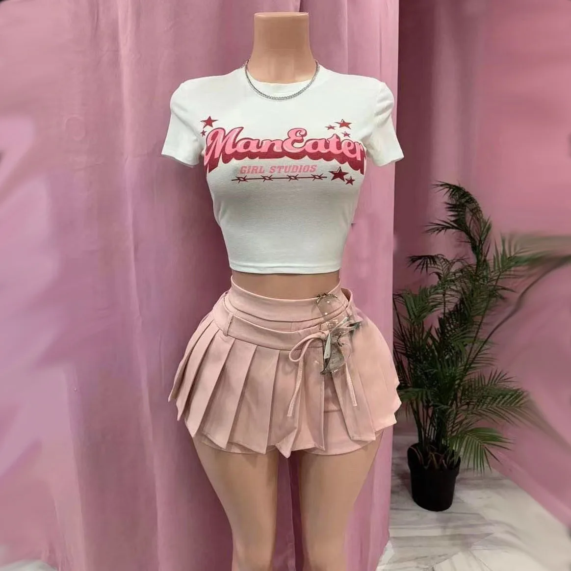 Fashion Two Piece Sets for Women Sexy Club Skirts Suits Short Sleeve T-shirt + Mini Pleated Shorts Skirt