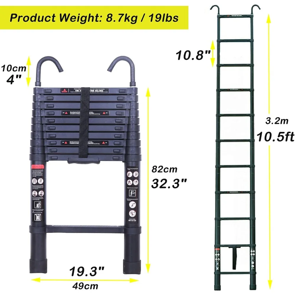 سلم تمديد من الألومنيوم 10.5FT 3.2m للاستخدام المنزلي، محمول قابل للطي مع خطافات قابلة للفصل، سلم خفيف الوزن 19 رطل #2