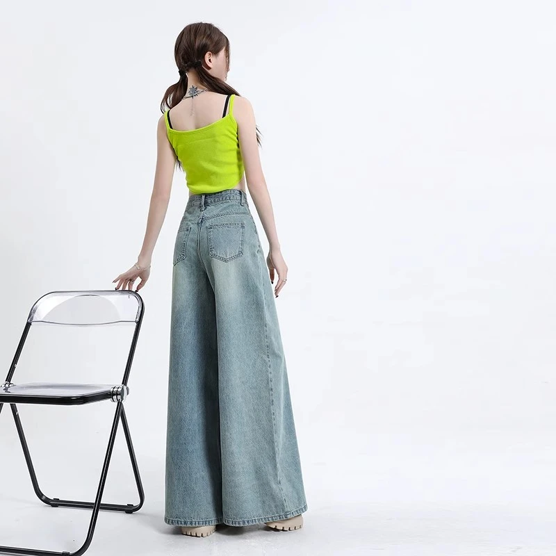 Washed retro wide-legged jeans female spring and summer thin section high-waisted thin big swing skirt pants drag pants