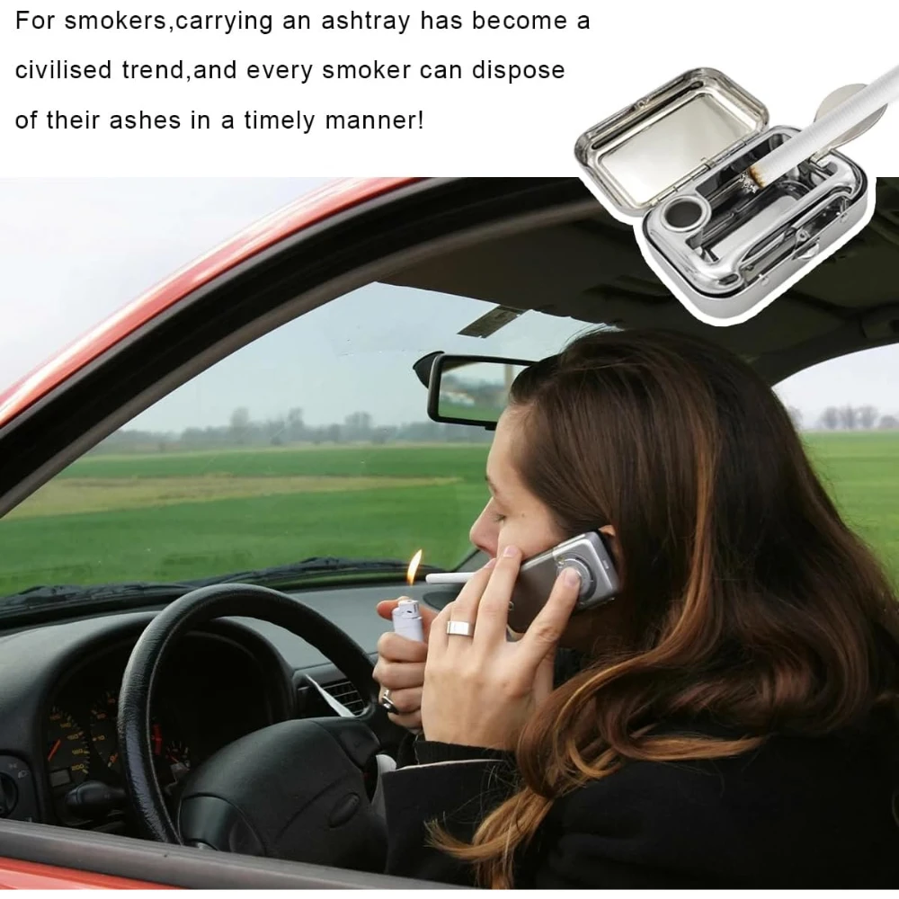 Mini Portable Ashtrays, Metal Pocket Dustproof Car Ash Tray with Lid, Compact Square Windproof Car Cigar Ashtrays view 6