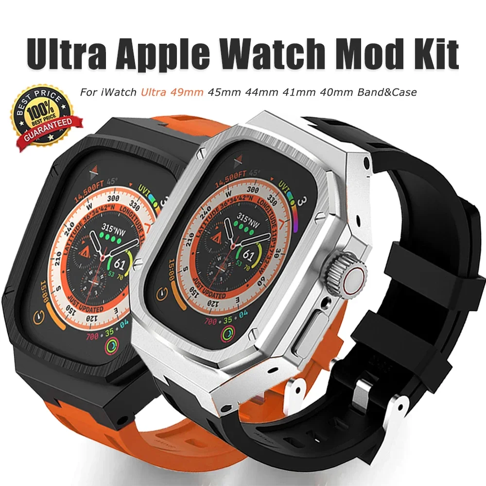 

Mod Set Steel Case Strap For Apple Watch Ultra 9 8 7 6 5 49mm 45mm 41mm Rubber Sport Band Metal Modification Kit Glass Protector