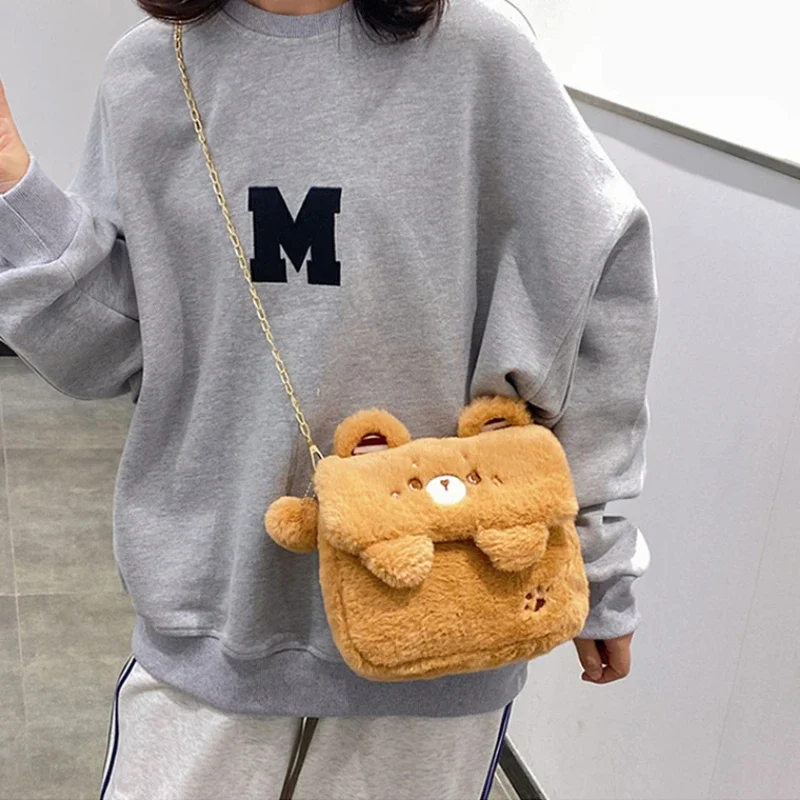 Cute Little Bear borsa a tracolla in peluche donna morbida e soffice Kawaii borsa Versatile inverno Casual ragazze Kid borsa a tracolla in tinta unita