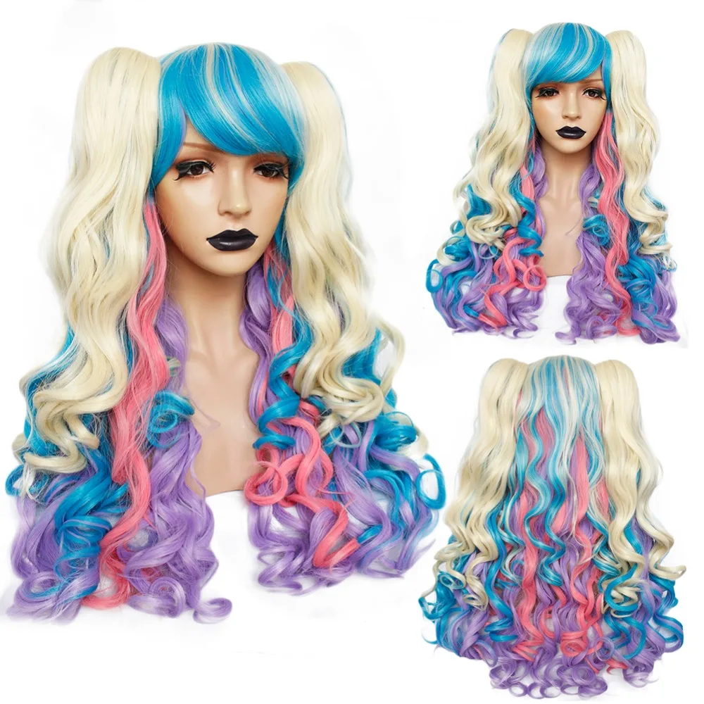 ANOGOL Synthetic Lolita Colored Long Body Wave with Bangs Pink Blonde Mix Multicolor Hair Cosplay Wigs Ponytails for Women Party