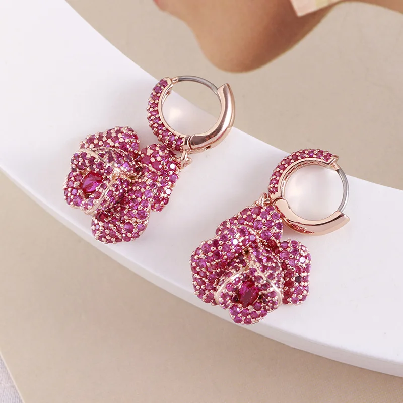 KS European and American New Retro Classic Fashion Simple Exquisite Multi-layer Rose Flower Zircon Earrings