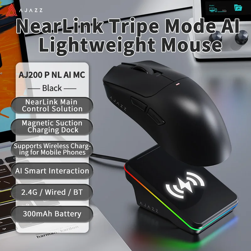 AJAZZ AJ200P NL AI MC NearLink draadloze gaming AI-muis Magnetisch oplaadstation Ondersteunt draadloos opladen voor mobiele telefoons, AI intelligente interactie, 2.4G/bedraad/Bluetooth, 300mAh
