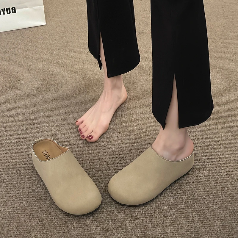 New Women\'s Slippers Closed Toe Round Toe Suede Clogs Sandals Autumn New Retro Solid Color Flat Bottom Women\'s Slingback Shoes