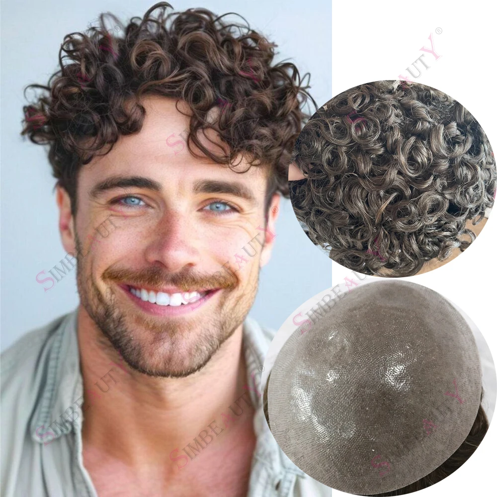 

20 мм вьющийся мужской капиллярный протез 0,06 мм, полная мужская система волос из искусственной кожи, парик из человеческих волос Vloop # 17 пепельно-коричневых блондин-серых шиньонов