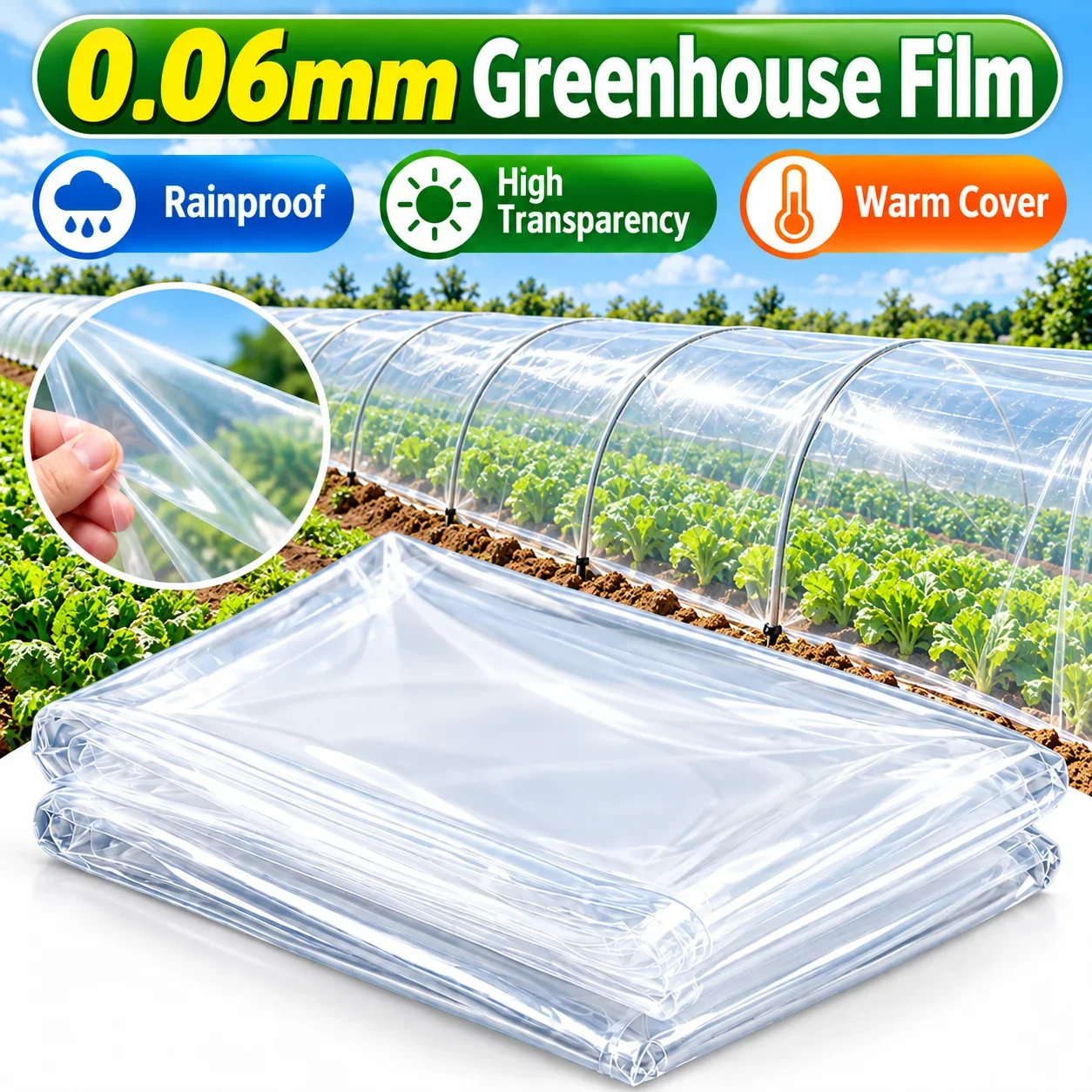 0.06mm 60 Micron Greenhouse Film Clear PE Plastic Cover for Garden Hoop House Vegetable Tunnel Rainproof Warm Plant Cover