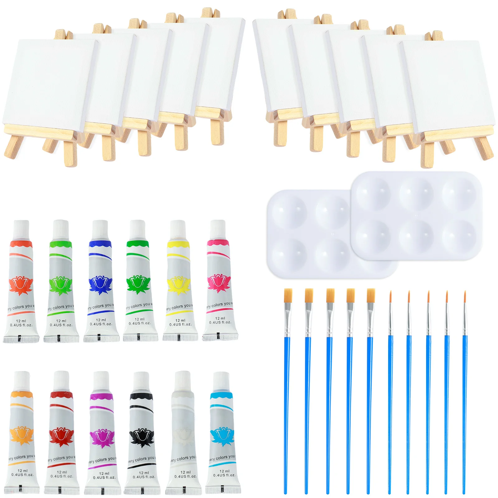 34Pcs Mini Canvas and Easel Set with Acrylic Paint Palettes Paintbrushes Mini Canvas Painting Kit Creative Small Painting Canvas