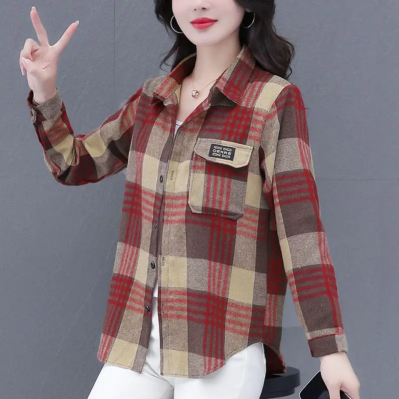 Women\'s Autumn Fashion Simplicity Plaid Polo Collar Long Sleeve Shirts Women Clothes Casual All-match Temperament Loose Tops