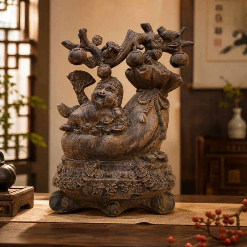 Wooden Carving of The God of Wealth for Prosperity Decor Figurine and Treasure for The Living Room