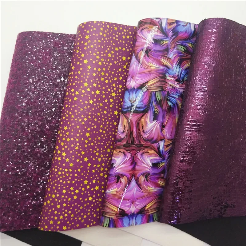 Plum Glitter leather Stars Abstract Pattern Printed Synthetic Leather Metallic Crack Faux Leather Vinyl For Bow DIY 21x29CM Q406