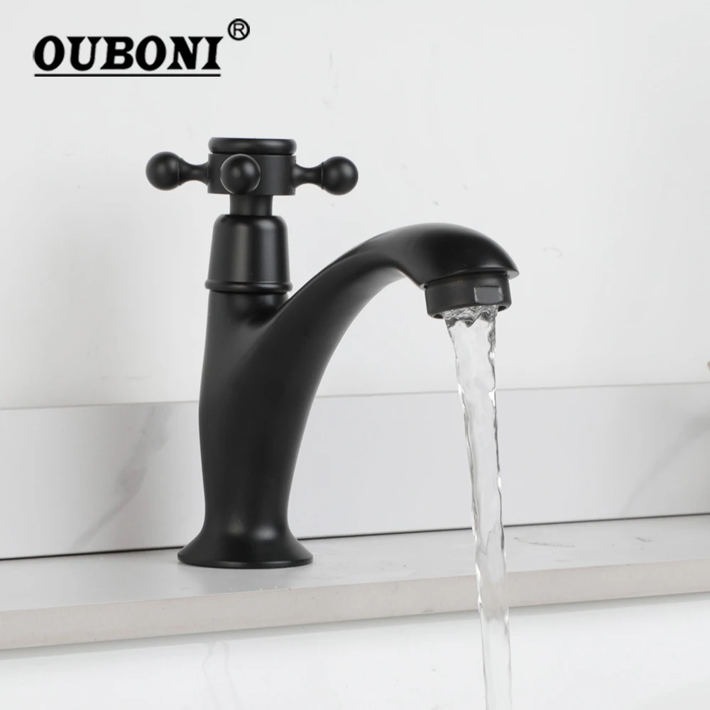 

OUBONI Bathroom Basin Faucet Matte Black Cross Handle Rotation Control Single Cold Stream Water Outlet Deck Mounted Cold Taps