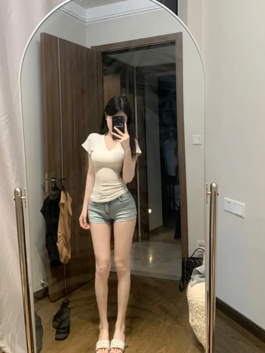 

Summer Sexy Spicy Low Waist Elastic Slimming Long Legging Denim orts Women's Self-Included Hip Pad Cotton Stretch Denim