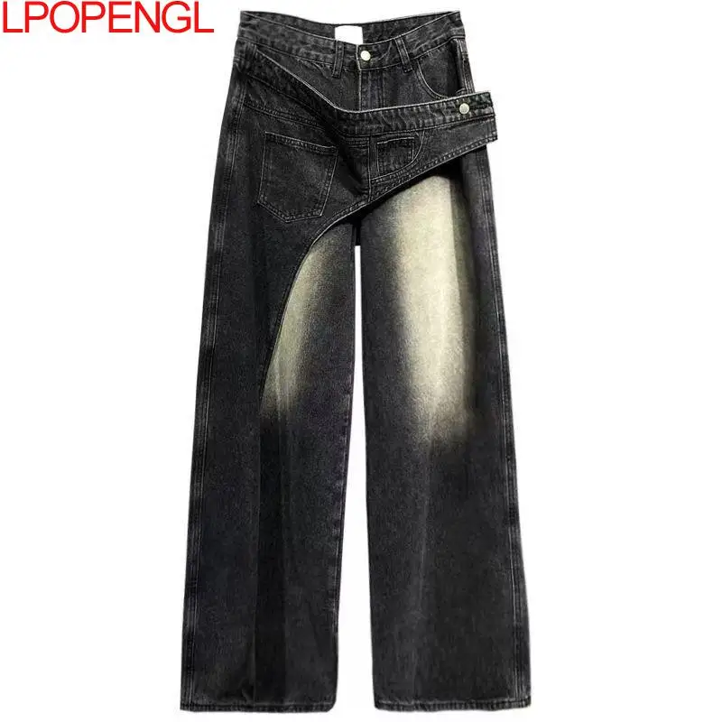 2026 Personalized American Style Fake Two Black Jeans Women's Patchwork New Loose Streetwear Irregular High Waist Wide Leg Pants