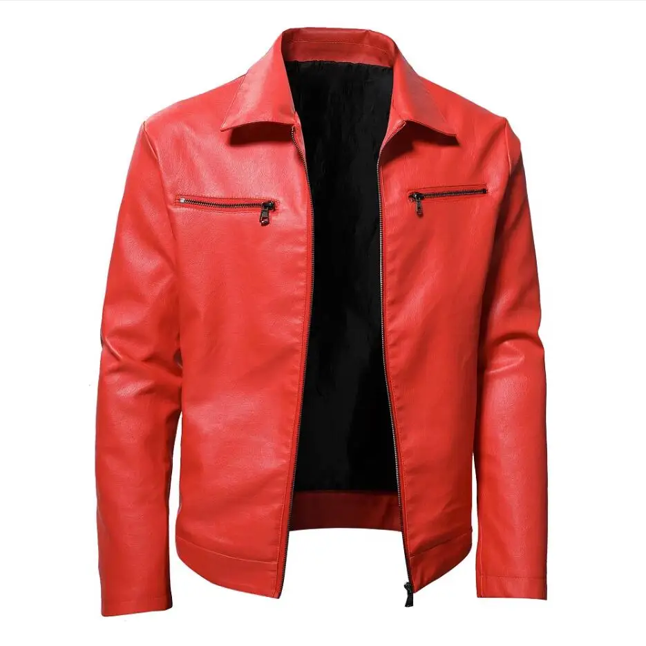 Red Chain Decoration Motorcycle Bomber Leather Jacket Men Autumn Turn-Down Collar Slim Fit Male Leather Coats S-5XL