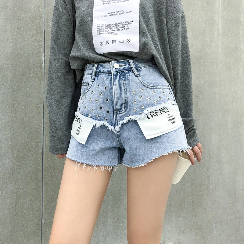 Loose Letter Pocket Denim Shorts Woman 2023 New Summer Fashion Ladies Hot Short High Waisted Streetwear Blue Jeans Sexy Short