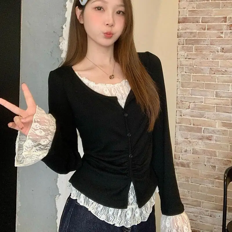 Hot 2026 Spring Autumn New Fashion Large Women Lazy Style Korean Lace Splicing Fake Two Piece Interior Bottom Shirt T-Shirt Tops