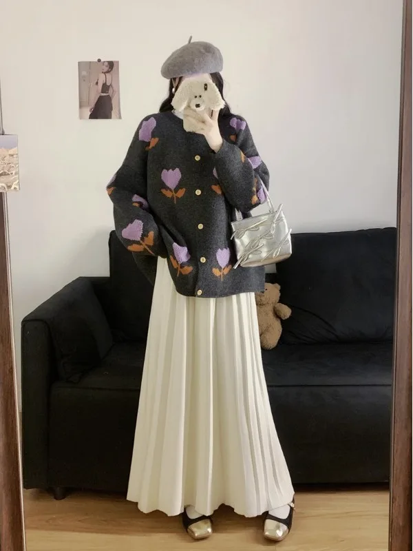 

Lagenlook Knitted Set Casual Embroidered Sweater Knitwear Pleated Skirt plus Size Fashion Autumn Winter Outfit