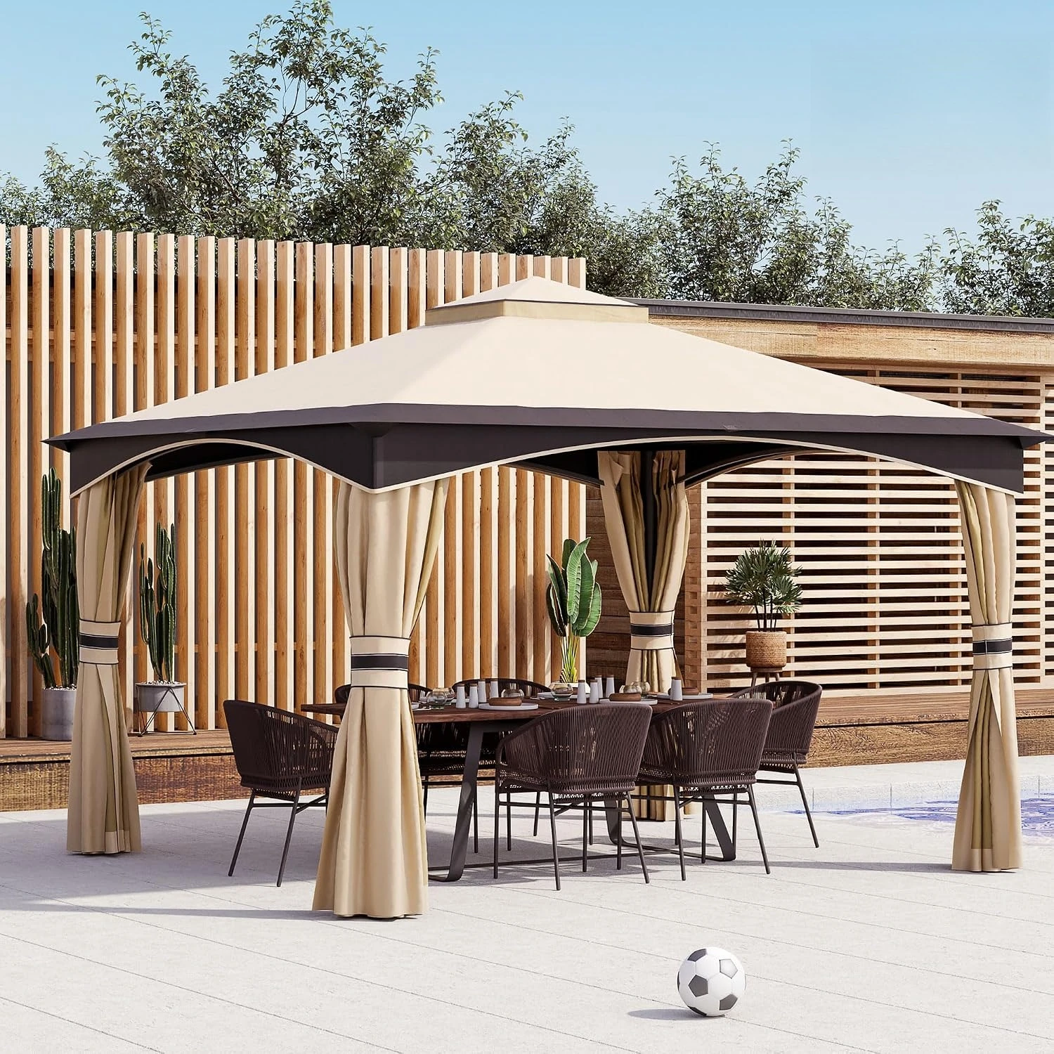 10' x 12' Outdoor Gazebo Patio Gazebo Canopy with Netting 2-Tier | Soft Top Roof, Steel Frame, Lawn Garden Backyard, Customized