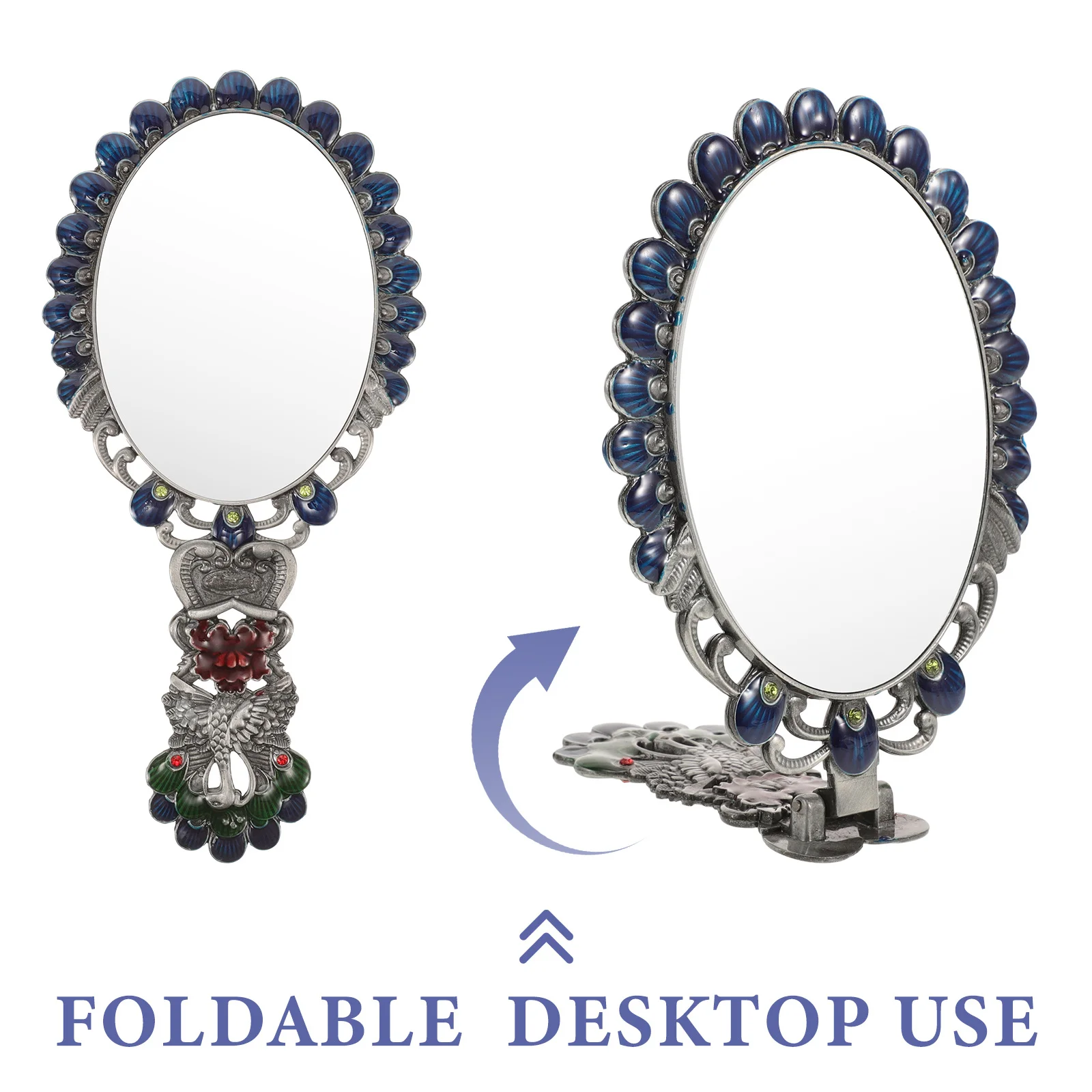 Portable Vintage Hand Mirror for Women Foldable Design High-Definition Glass Retro Peacock Decorative Mirror Compact Travel