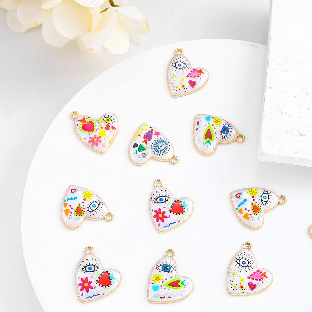 5 Stück 20 x 23 mm böhmischer Stil bunter Herz-Blumendruck-Anhänger für Modeschmuck, DIY-Halsketten-Zubehör – Detail 1