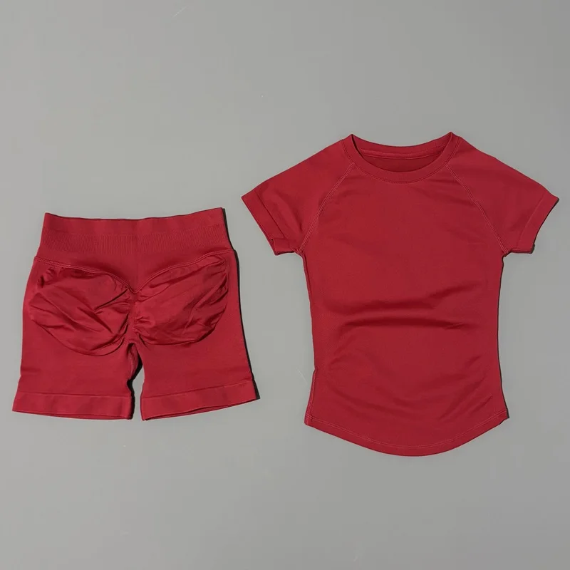 2 Piece Workout Outfit for Women HISTELLO Seamless Gym Set with Shorts - Wine Red