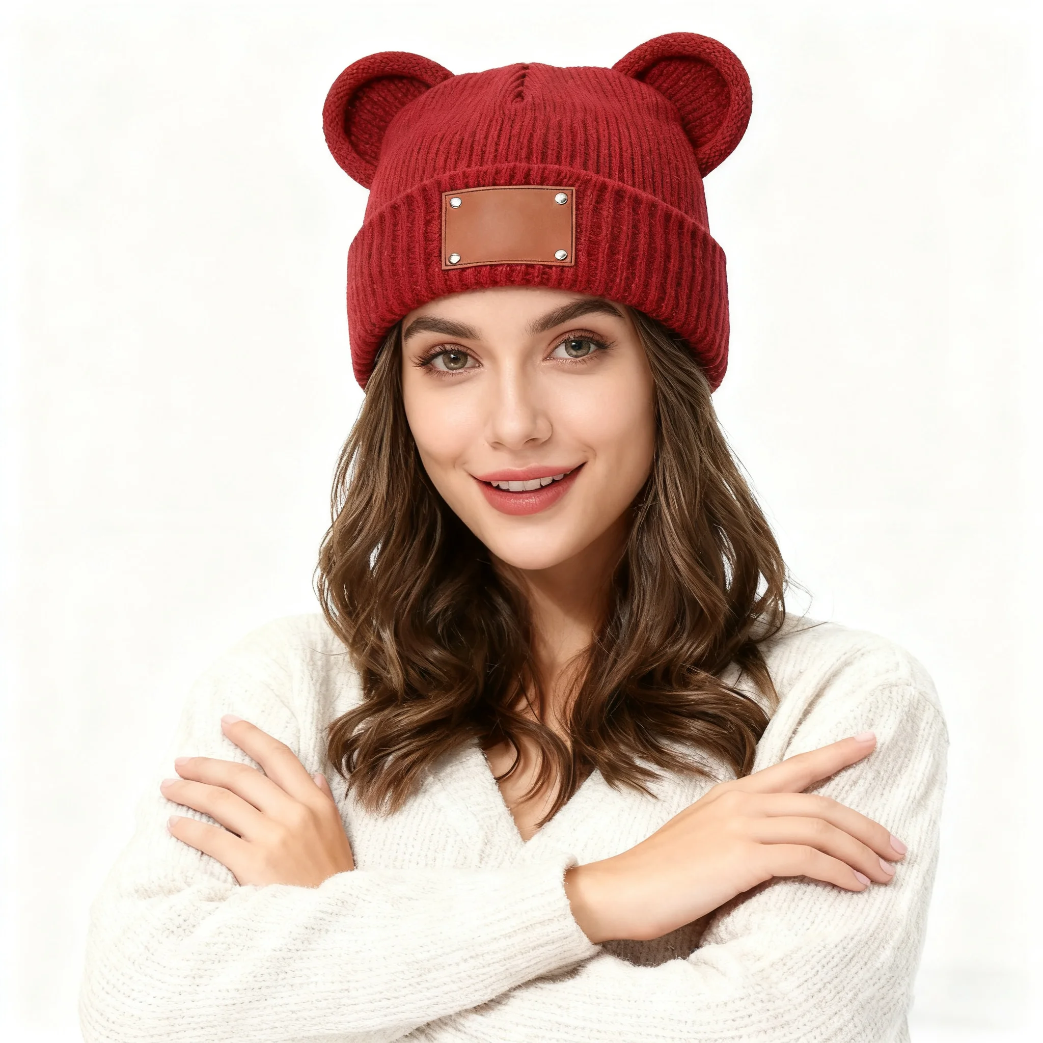 6 Pieces Winter Cat Ear Knitted Hat With Laser-engraved Leather Outdoor Flap Solid color Ski Pullover Cold Cap