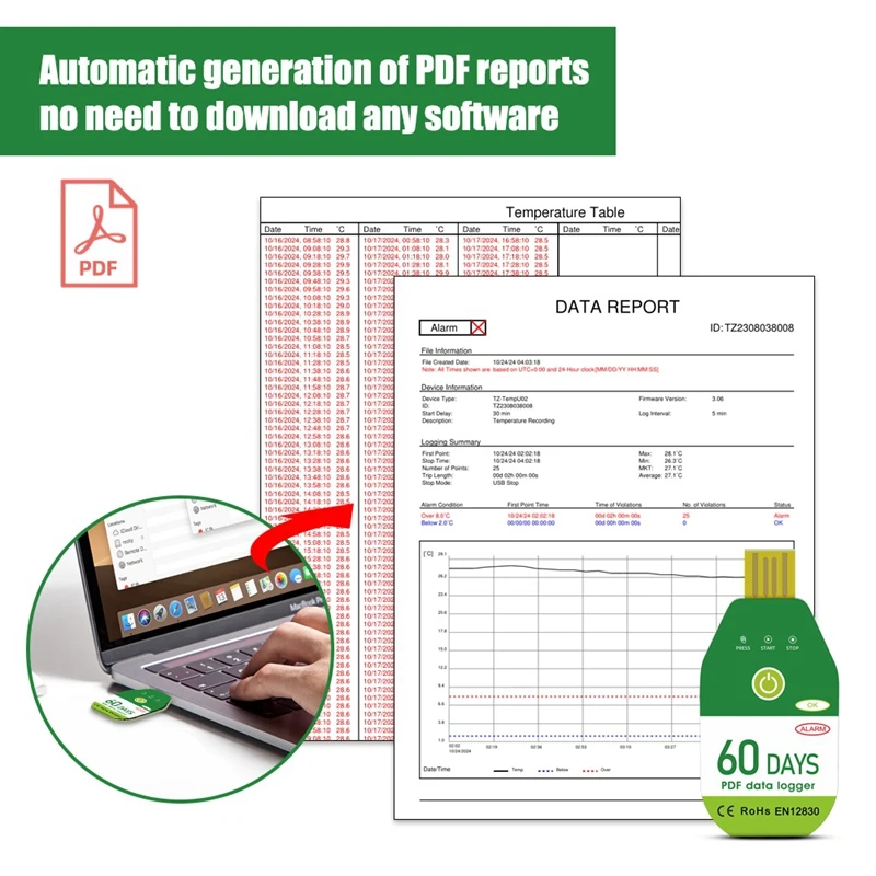 Registrador de datos de temperatura USB Registrador de temperatura y humedad Alarma Termómetro Registrador Probador Informe PDF